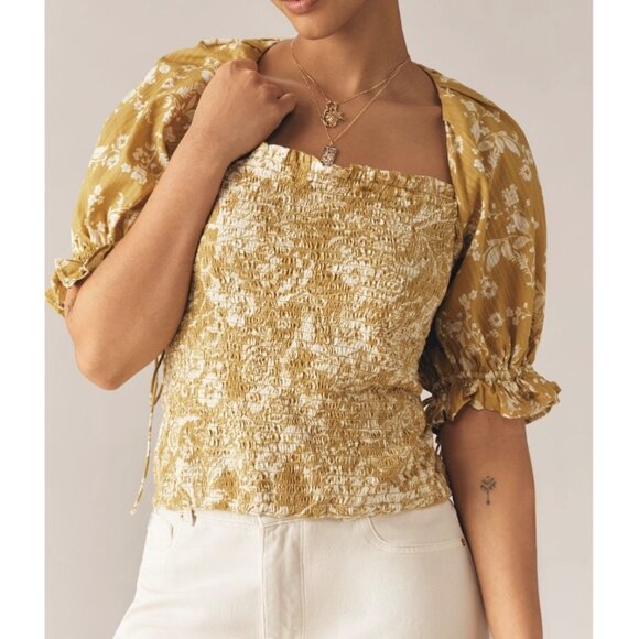 Anthropologie Seersucker Smocked Puff-Sleeve Crop Top Size L Chartreuse Floral - Picture 1 of 8